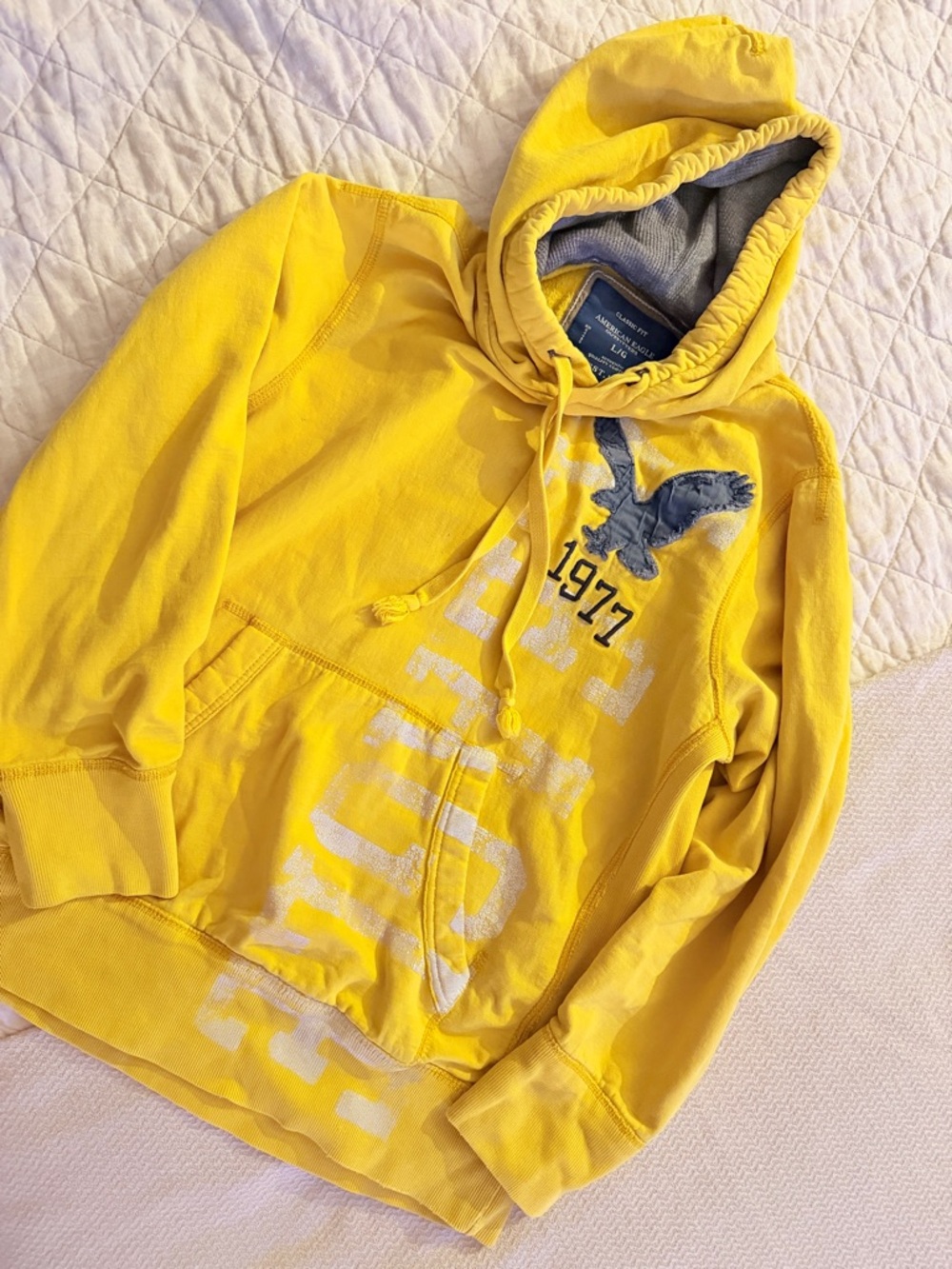 American Eagle Outfitters Yellow Hooded Kids Pullover with 1977 Eagle Graphic